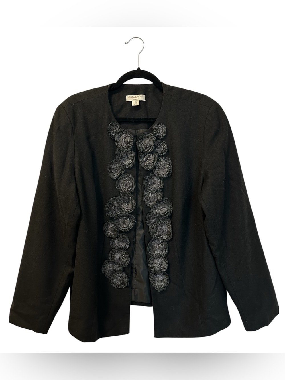 Coldwater Creek Rosette Flower Trim Quiet Luxury Wool Blend Blazer Black SZ 18W